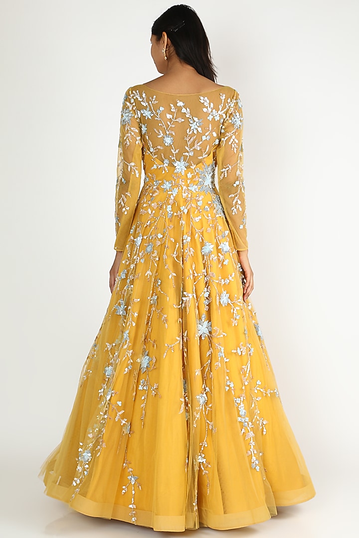 Yellow Net Engagement Gown With Jaal Work by Shlok Design at Pernia's Pop Up Shop
