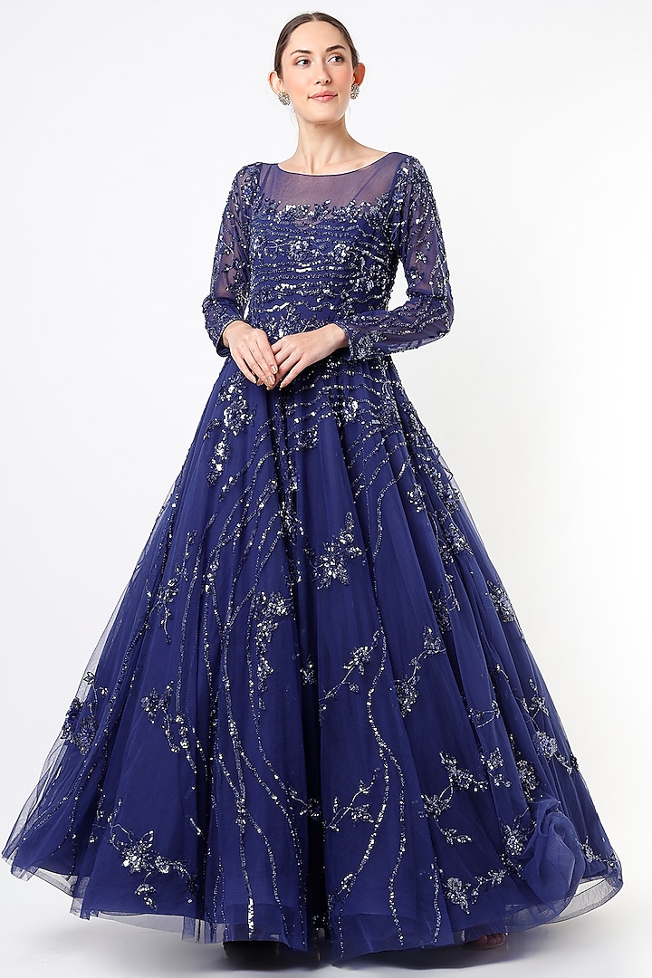 Catalina Blue Embroidered Gown by Shlok Design