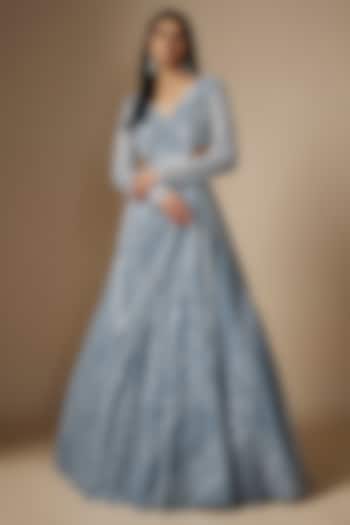 Grey Blue Net Sequins Embroidered Gown by Shlok Design