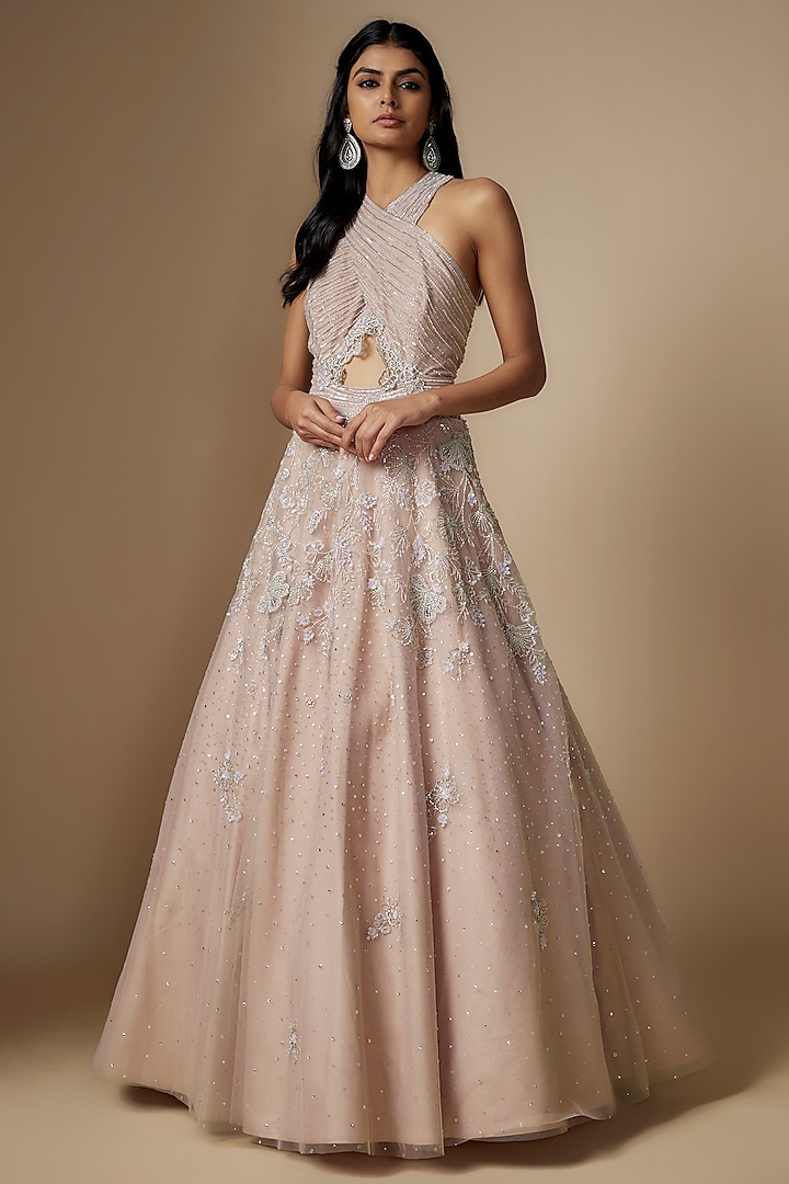 Pink Net Crystal Embroidered Gown by Shlok Design
