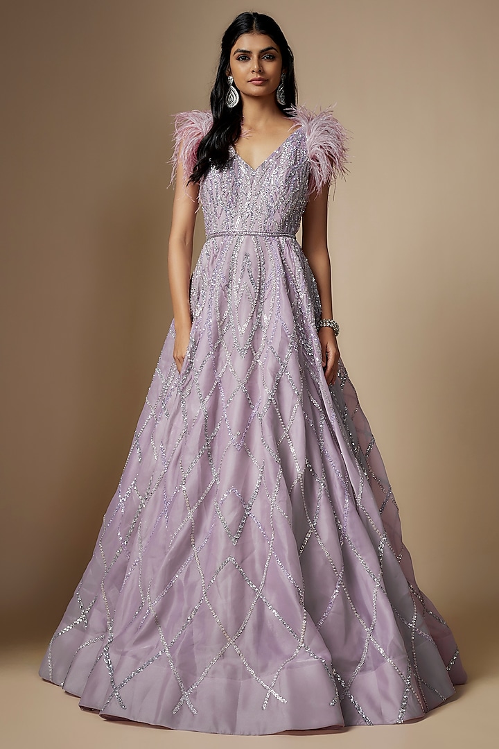 Purple Organza Sequins Embroidered Gown by Shlok Design