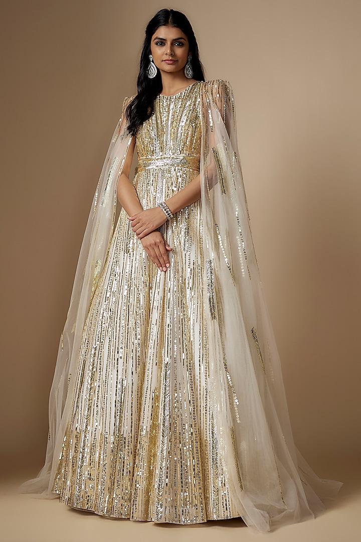 Ivory Net Sequins Embroidered Gown by Shlok Design