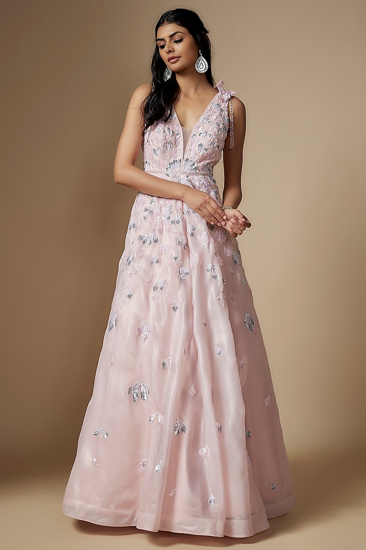 Pink Organza Cutdana Embroidered Gown by Shlok Design