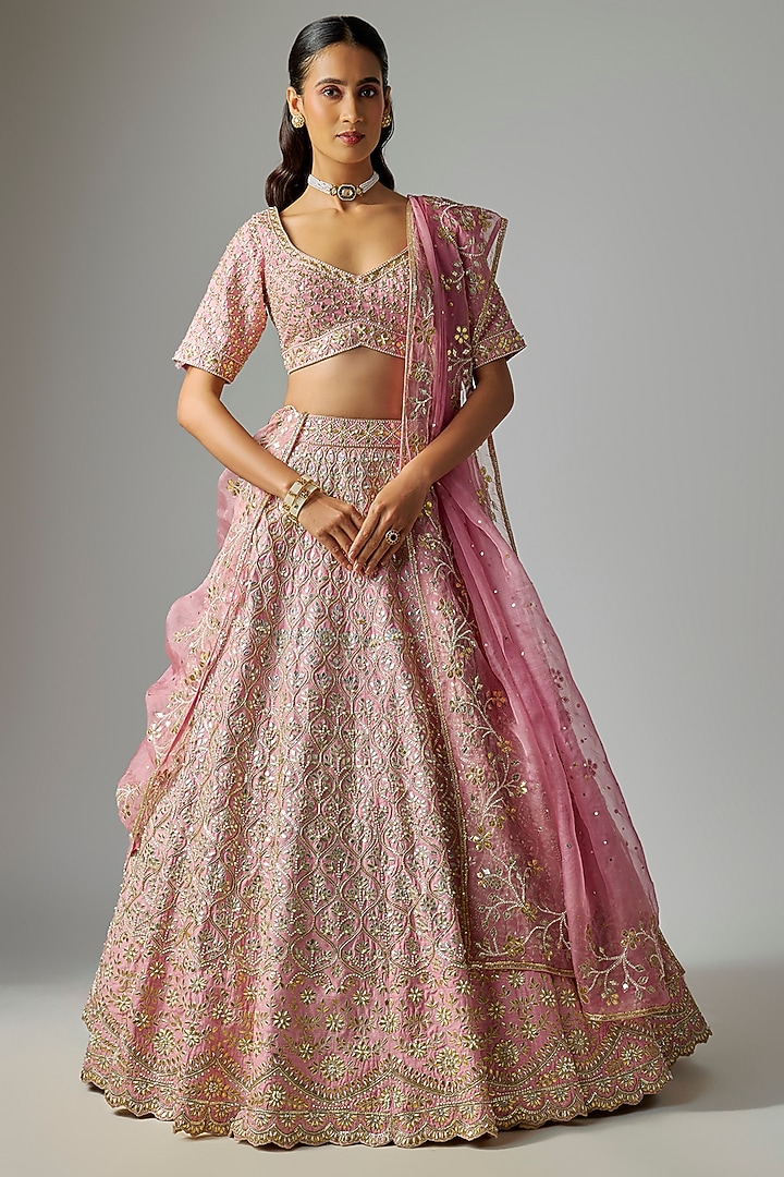 Pink Dupion Silk Zardosi Embroidered Bridal Lehenga Set by Shlok Design at Pernia's Pop Up Shop