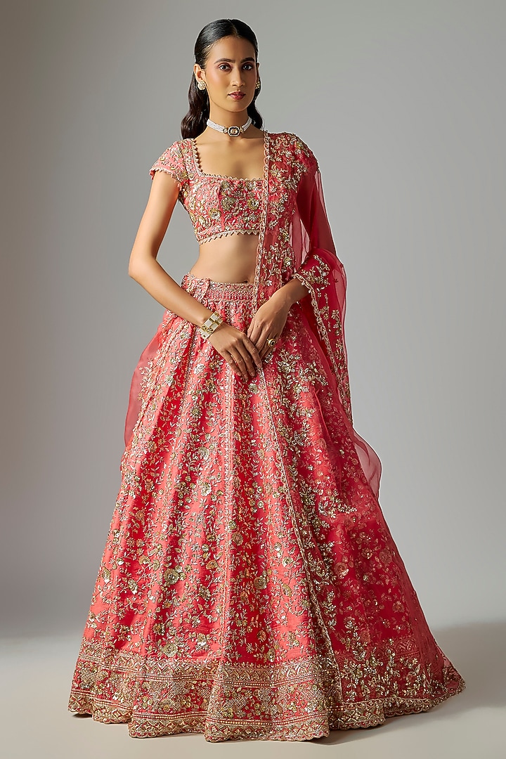 Pink Raw Silk Zardosi Embroidered Bridal Lehenga Set by Shlok Design at Pernia's Pop Up Shop
