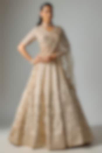 Ivory Dupion Silk Zardosi Embroidered Bridal Lehenga Set by Shlok Design at Pernia's Pop Up Shop