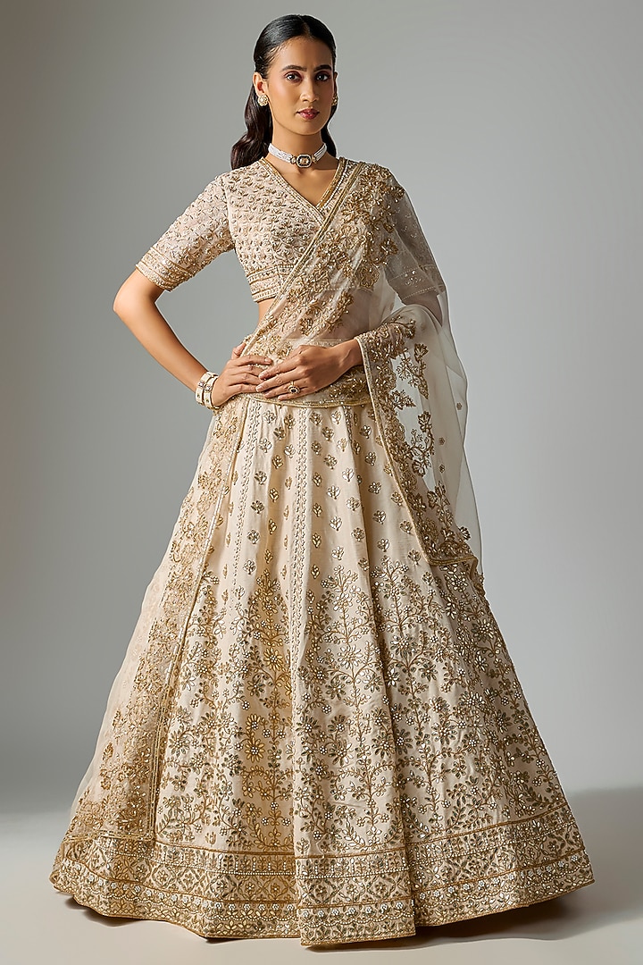 Ivory Dupion Silk Zardosi Embroidered Bridal Lehenga Set by Shlok Design at Pernia's Pop Up Shop