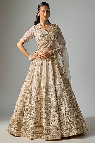 Ivory Dupion Silk Zardosi Embroidered Lehenga Set by Shlok Design