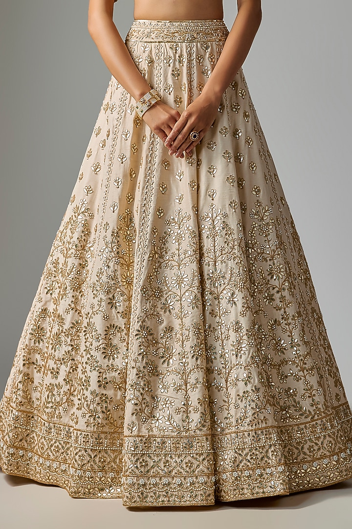 Ivory Dupion Silk Zardosi Embroidered Bridal Lehenga Set by Shlok Design at Pernia's Pop Up Shop