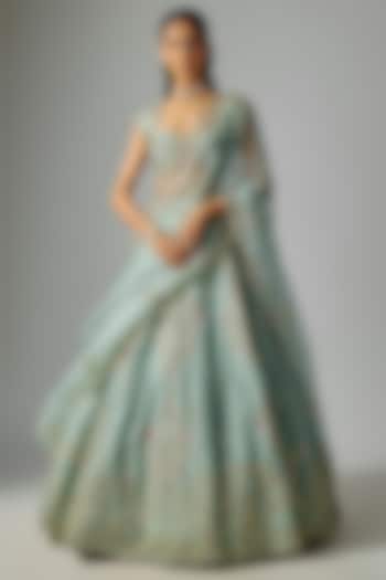 Green Dupion Silk Zardosi Embroidered Bridal Lehenga Set by Shlok Design at Pernia's Pop Up Shop