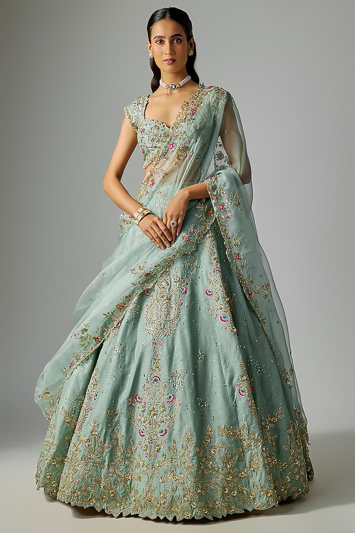 Green Dupion Silk Zardosi Embroidered Bridal Lehenga Set by Shlok Design at Pernia's Pop Up Shop