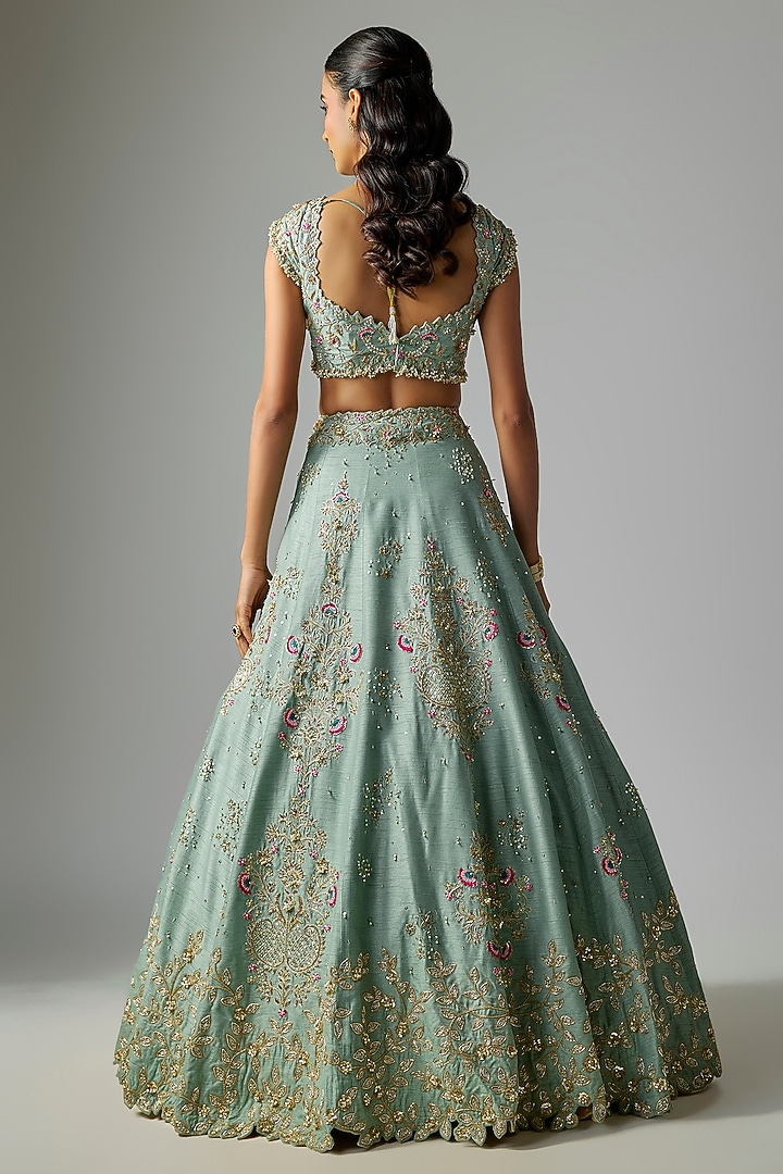 Green Dupion Silk Zardosi Embroidered Bridal Lehenga Set by Shlok Design at Pernia's Pop Up Shop