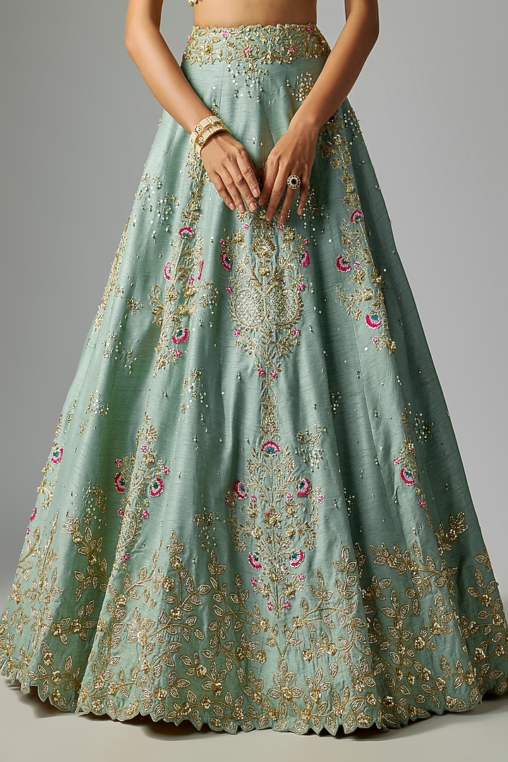 Green Dupion Silk Zardosi Embroidered Bridal Lehenga Set by Shlok Design at Pernia's Pop Up Shop