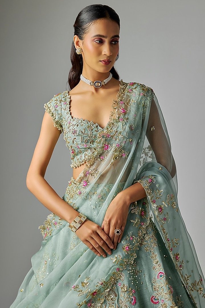 Green Dupion Silk Zardosi Embroidered Bridal Lehenga Set by Shlok Design at Pernia's Pop Up Shop