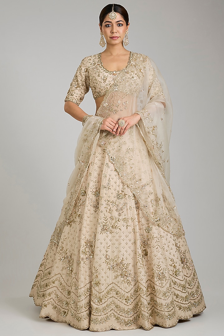 Ivory Dupion Silk Bridal Lehenga Set by Shlok Design at Pernia's Pop Up Shop