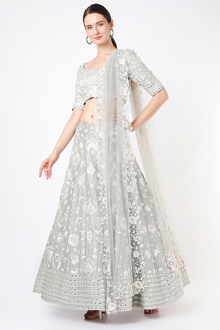 Greyish White Embroidered Lehenga Set by Shlok Design