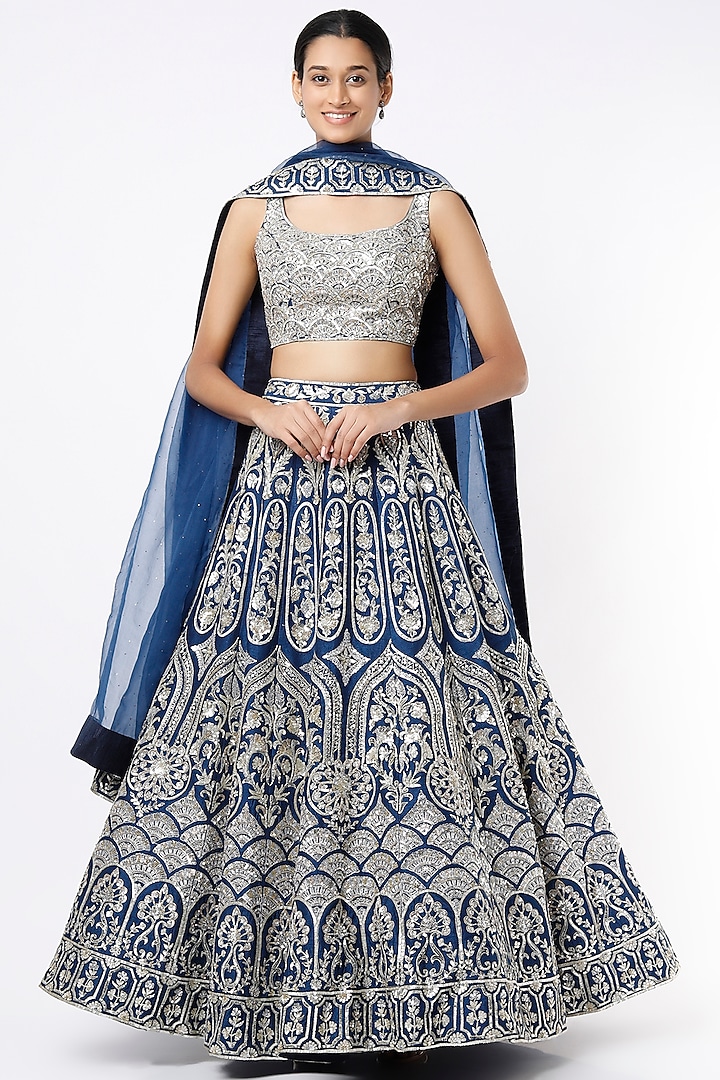 Teal Blue Embroidered Lehenga Set by Shlok Design