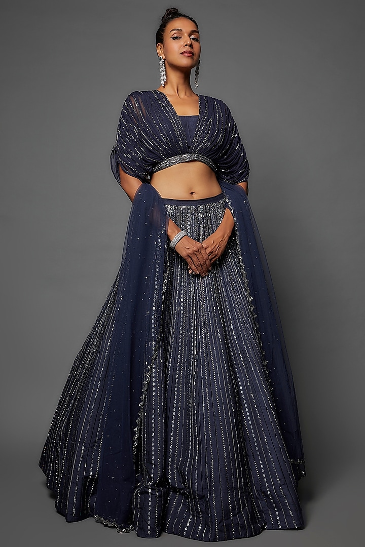 Blue Dupion Silk Embroidered Wedding Lehenga Set by Shlok Design at Pernia's Pop Up Shop