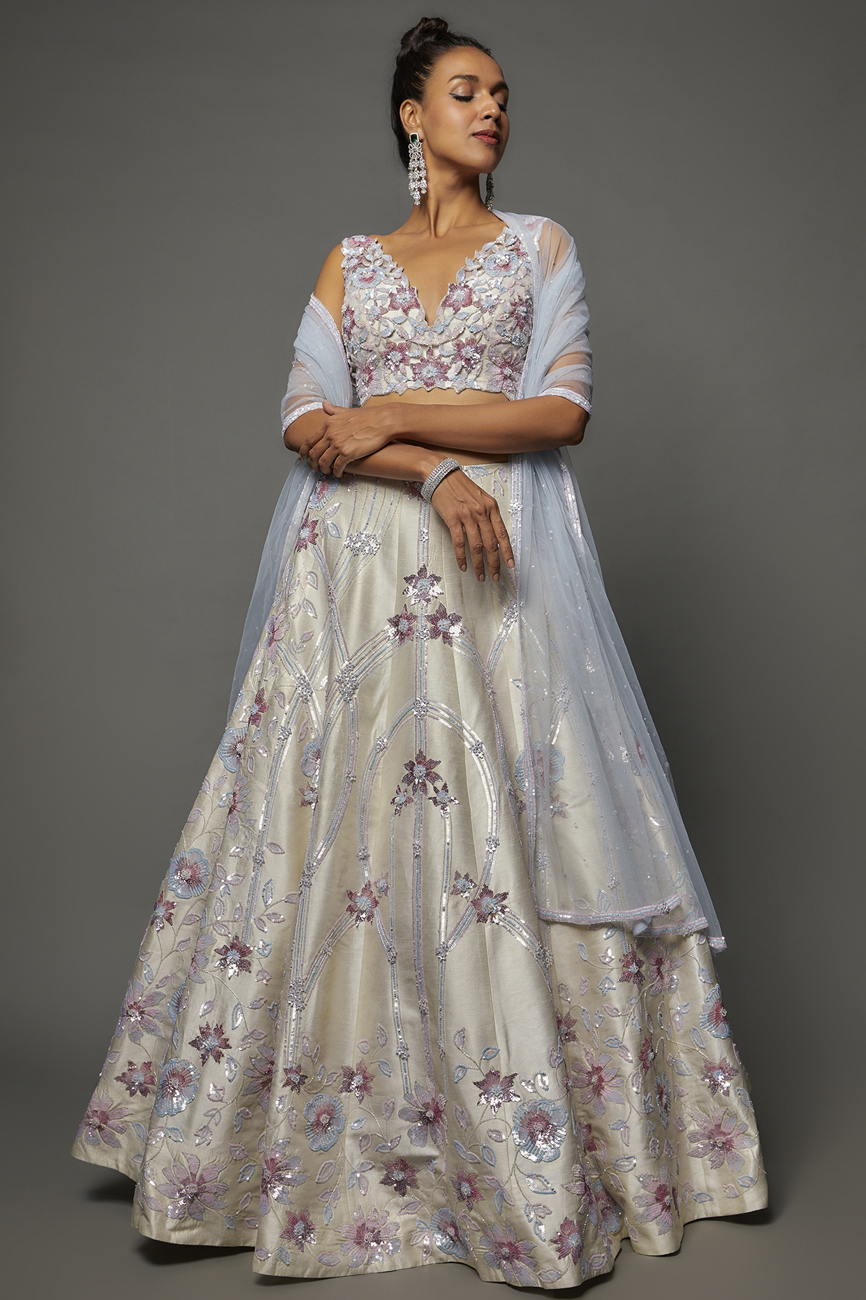 White Dupion Silk Embroidered Lehenga Set by Shlok Design