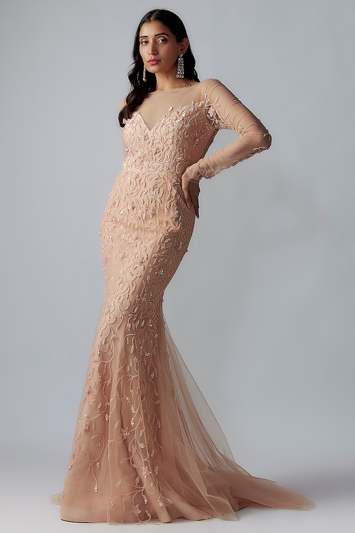 Peach Net Sequins & Cutdana Embroidered Gown by Shlok Design
