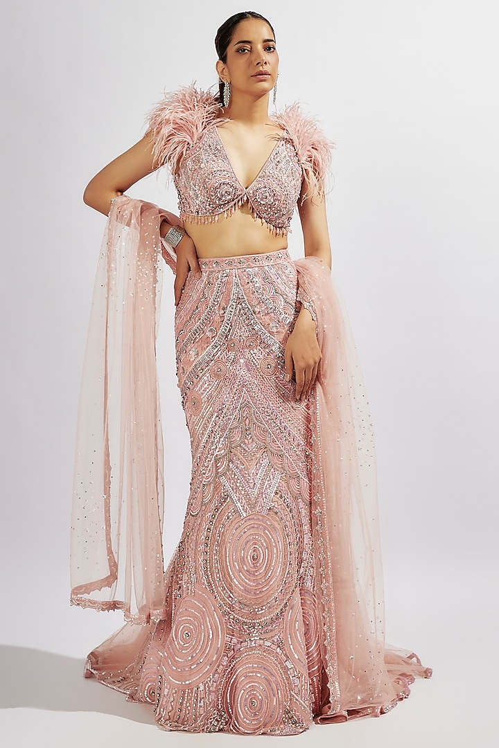 Pink Net Sequins Embroidered Lehenga Set by Shlok Design
