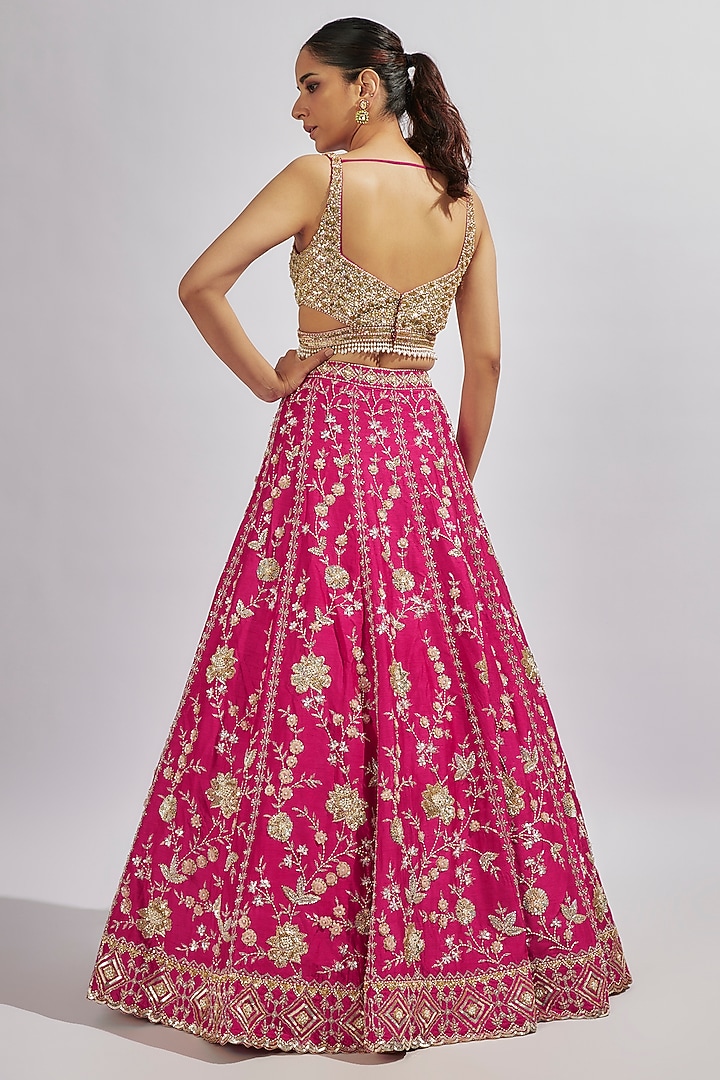 Pink Dupion Silk Zardosi Embroidered Wedding Lehenga Set by Shlok Design at Pernia's Pop Up Shop