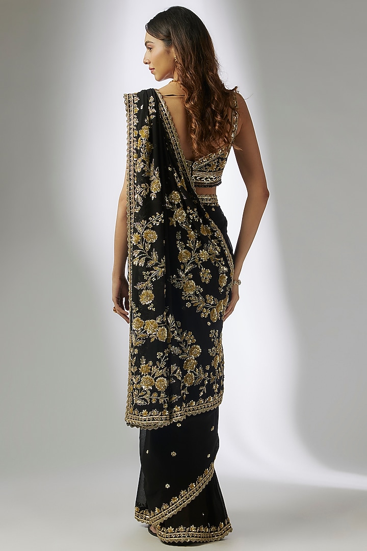 Black Georgette Sequins Embroidered Reception Saree Set by Shlok Design at Pernia's Pop Up Shop