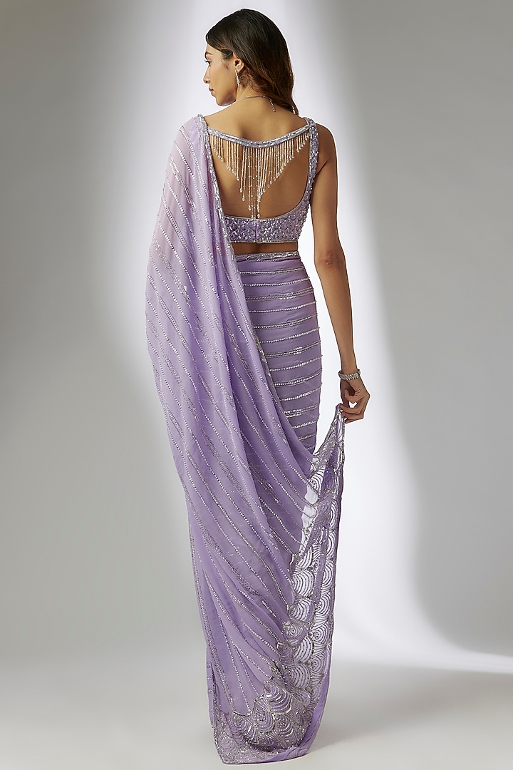 Purple Georgette Sequins Embroidered Reception Saree Set by Shlok Design at Pernia's Pop Up Shop