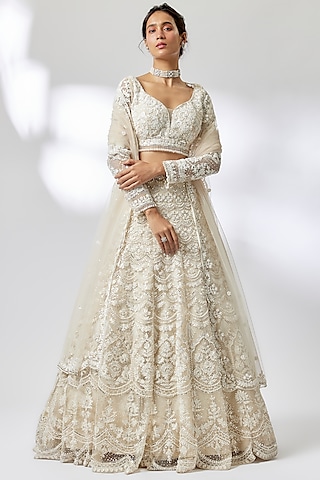 Ivory Net Cutdana Embroidered Lehenga Set by Shlok Design