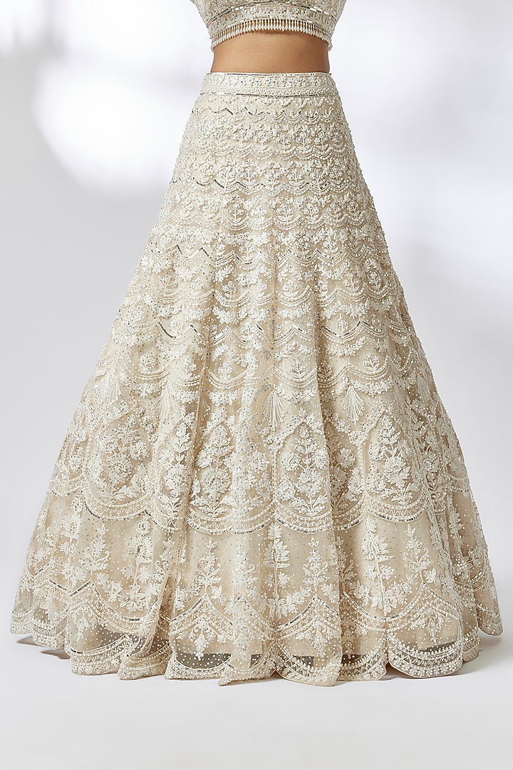 Ivory Net Cutdana Embroidered Bridal Lehenga Set by Shlok Design at Pernia's Pop Up Shop