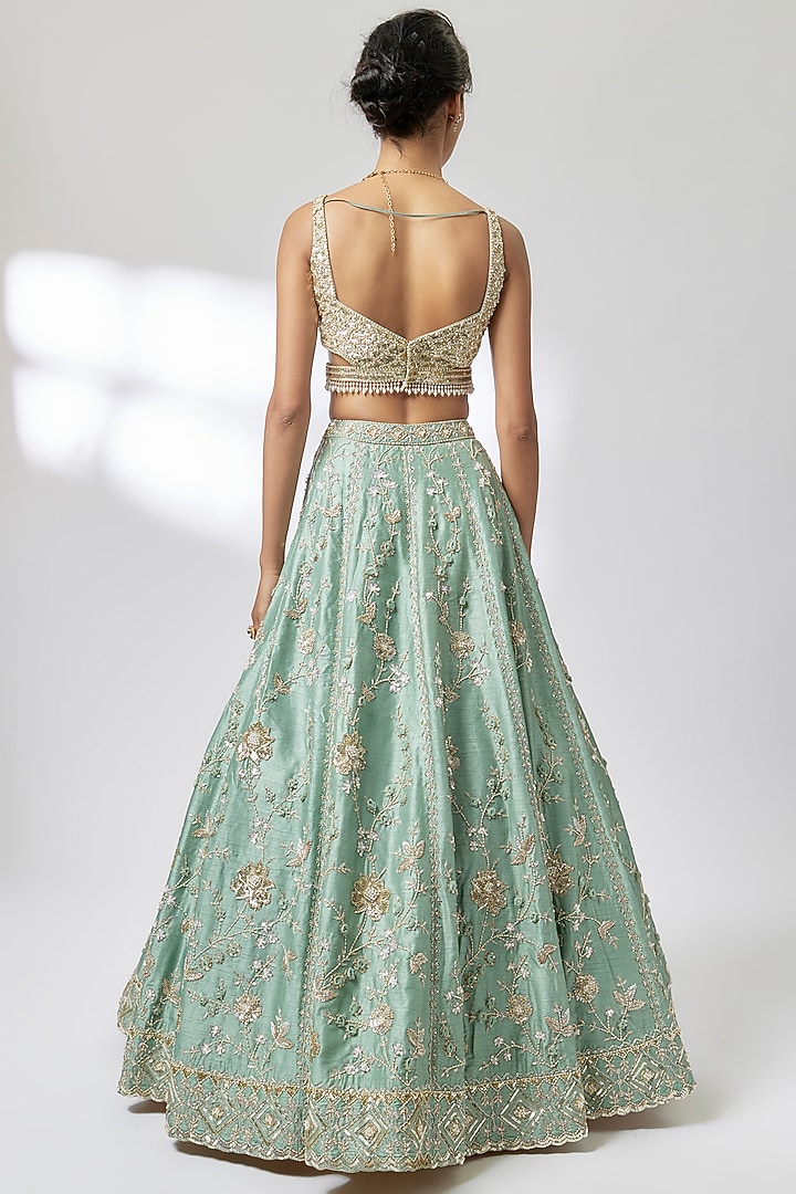 Green Net Zardosi Embroidered Bridal Lehenga Set by Shlok Design at Pernia's Pop Up Shop