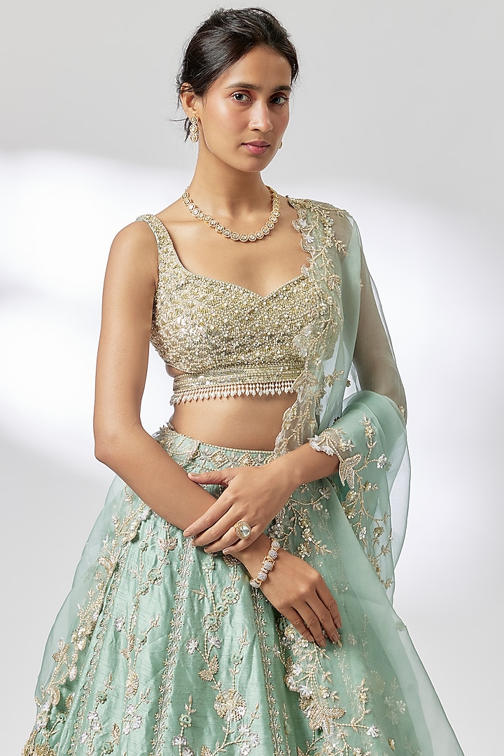 Green Net Zardosi Embroidered Bridal Lehenga Set by Shlok Design at Pernia's Pop Up Shop