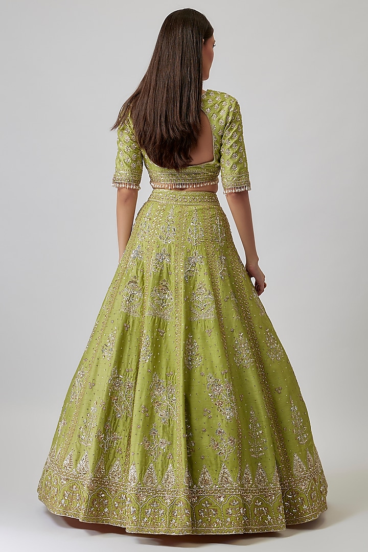 Green Dupion Silk Zardosi Embroidered Bridal Lehenga Set by Shlok Design at Pernia's Pop Up Shop