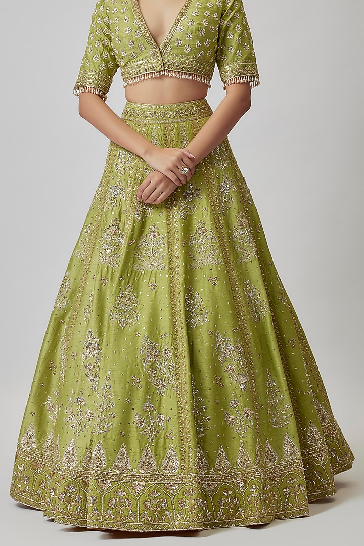 Green Dupion Silk Zardosi Embroidered Bridal Lehenga Set by Shlok Design at Pernia's Pop Up Shop