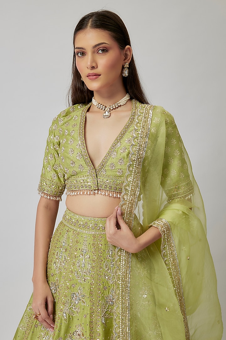 Green Dupion Silk Zardosi Embroidered Bridal Lehenga Set by Shlok Design at Pernia's Pop Up Shop