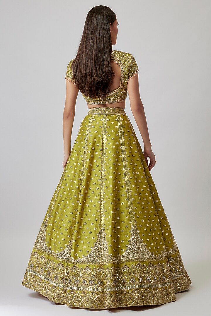 Green Dupion Silk Zardosi Embroidered Bridal Lehenga Set by Shlok Design at Pernia's Pop Up Shop