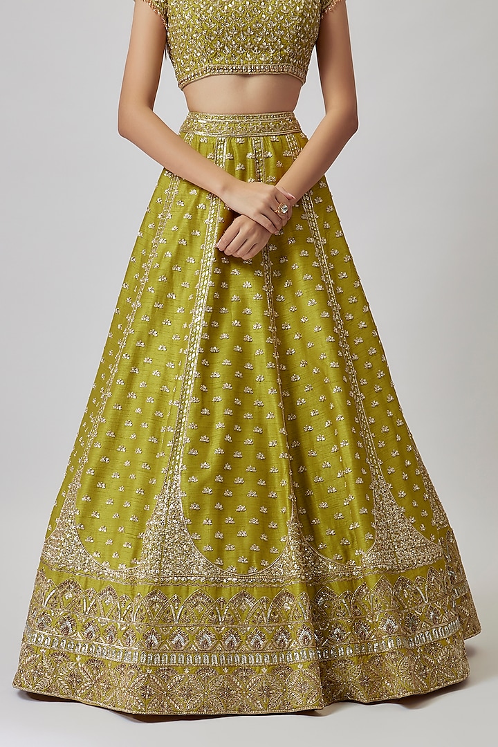 Green Dupion Silk Zardosi Embroidered Bridal Lehenga Set by Shlok Design at Pernia's Pop Up Shop