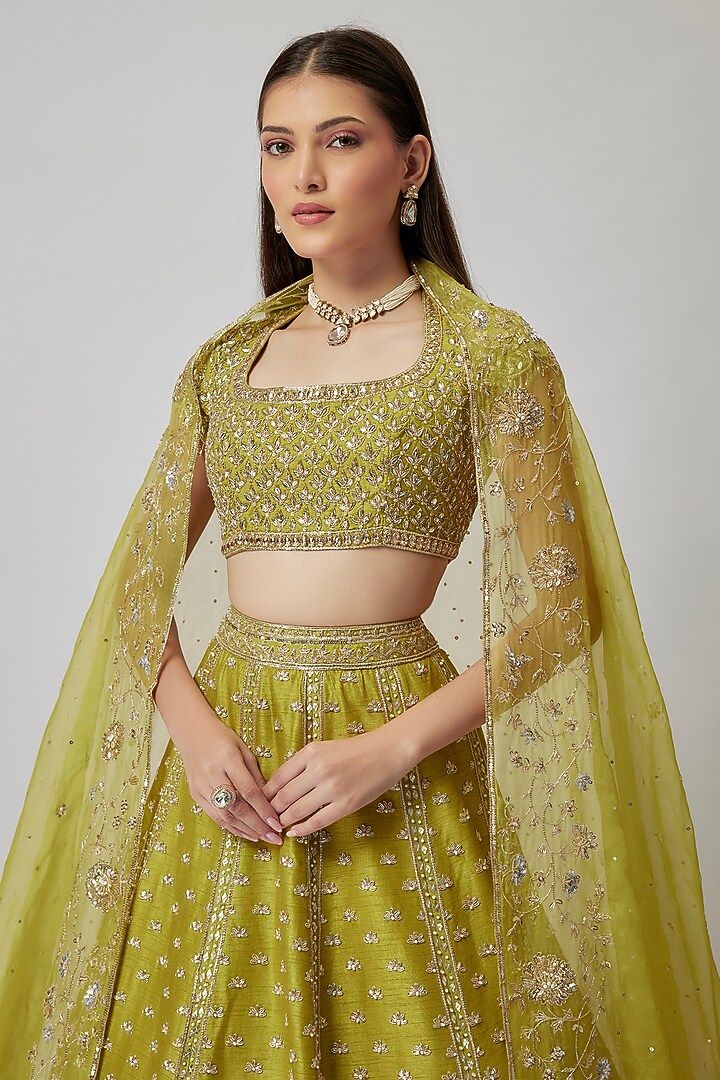 Green Dupion Silk Zardosi Embroidered Bridal Lehenga Set by Shlok Design at Pernia's Pop Up Shop