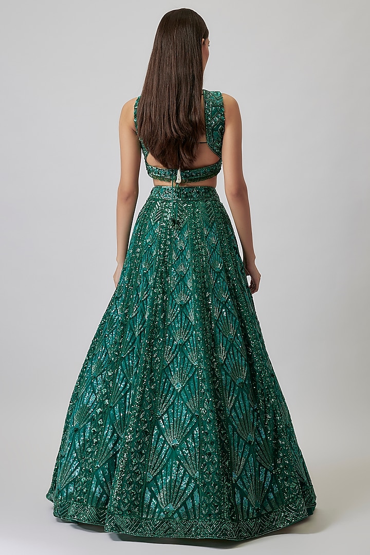 Emerald Green Net Sequins Embroidered Bridal Lehenga Set by Shlok Design at Pernia's Pop Up Shop