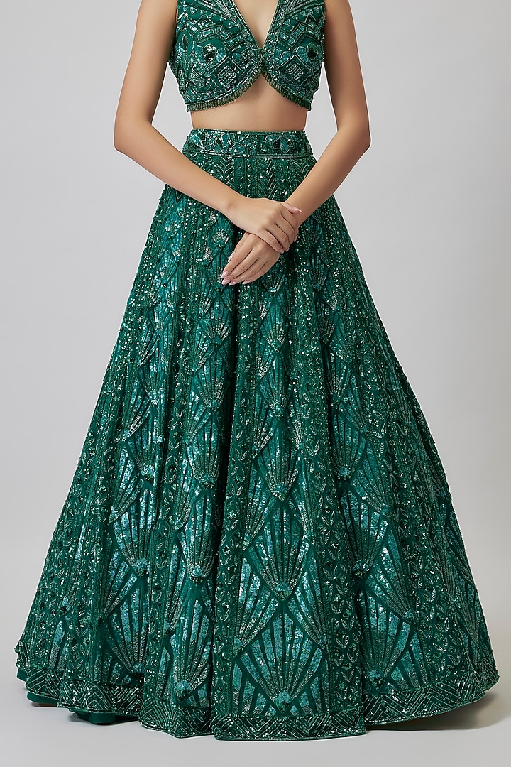 Emerald Green Net Sequins Embroidered Bridal Lehenga Set by Shlok Design at Pernia's Pop Up Shop