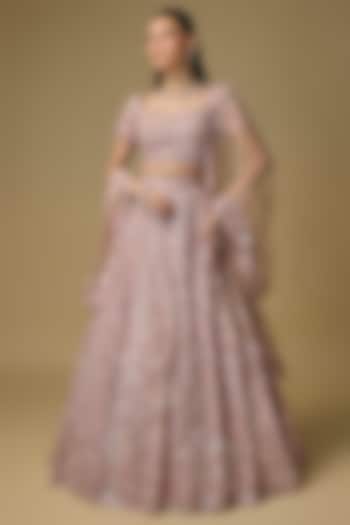 Peach Pink Net Resham Embroidered Bridal Lehenga Set by Shlok Design at Pernia's Pop Up Shop
