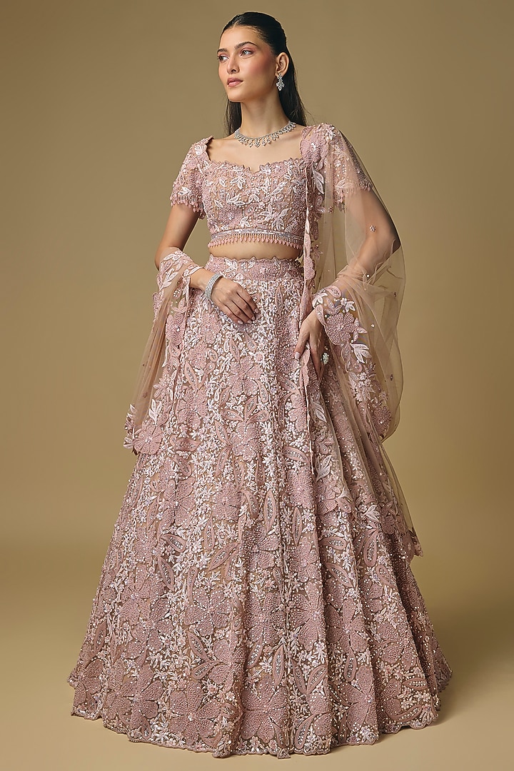 Peach Pink Net Resham Embroidered Bridal Lehenga Set by Shlok Design at Pernia's Pop Up Shop