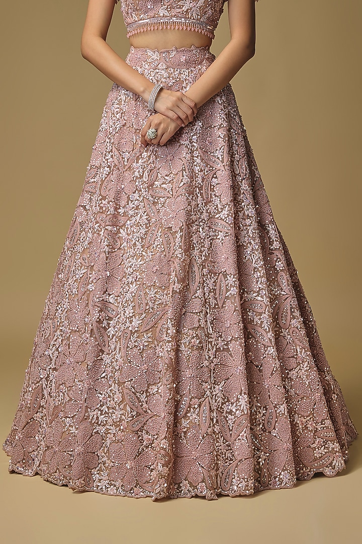 Peach Pink Net Resham Embroidered Bridal Lehenga Set by Shlok Design at Pernia's Pop Up Shop