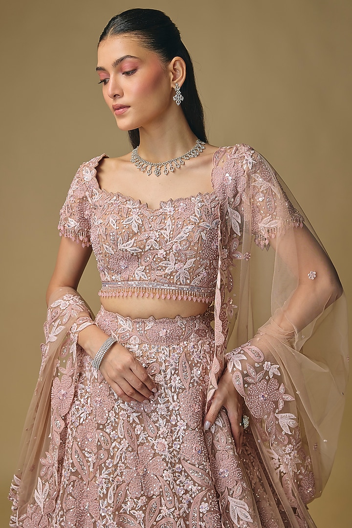 Peach Pink Net Resham Embroidered Bridal Lehenga Set by Shlok Design at Pernia's Pop Up Shop