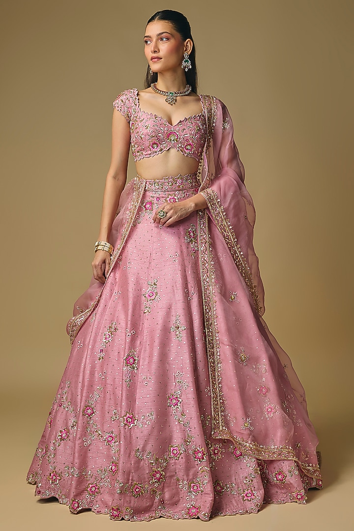 Pink Dupion Sequin & Zardosi Embroidered Bridal Lehenga Set by Shlok Design at Pernia's Pop Up Shop