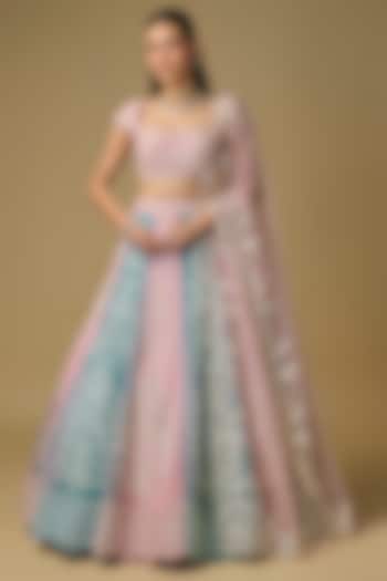 Moss Green & Pink Net Pearl Embroidered Bridal Lehenga Set by Shlok Design at Pernia's Pop Up Shop