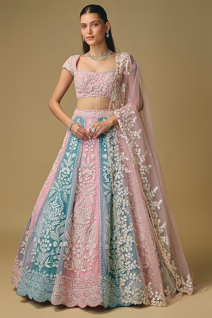 Moss Green & Pink Net Pearl Embroidered Bridal Lehenga Set by Shlok Design at Pernia's Pop Up Shop