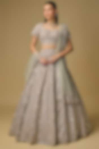 Ivory Net Thread & Pearl Embroidered Bridal Lehenga Set by Shlok Design at Pernia's Pop Up Shop