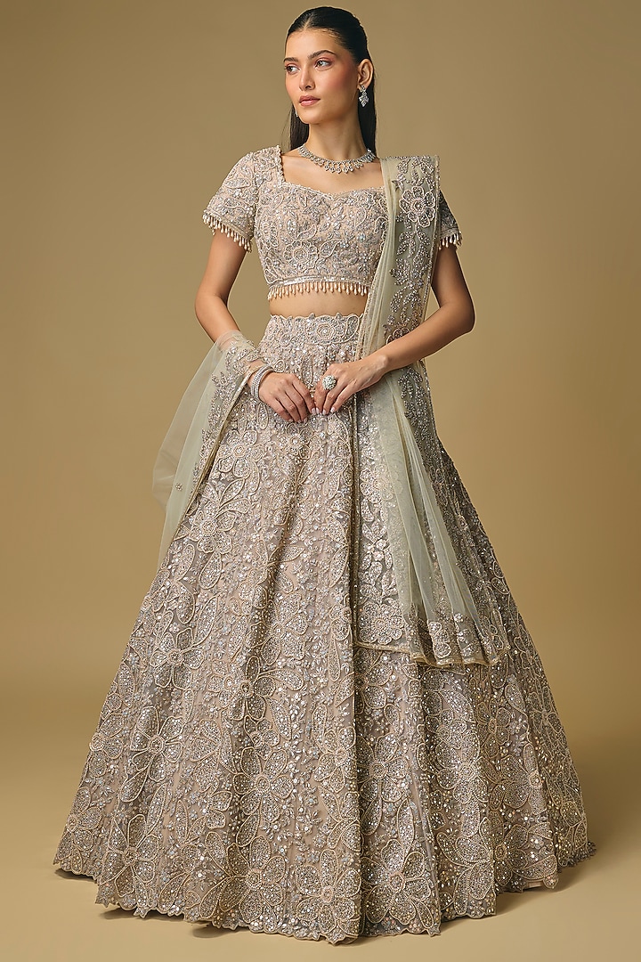 Ivory Net Thread & Pearl Embroidered Bridal Lehenga Set by Shlok Design at Pernia's Pop Up Shop
