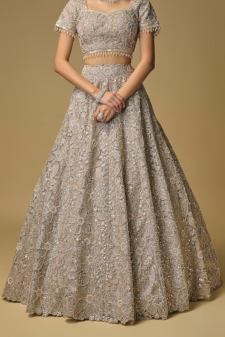 Ivory Net Thread & Pearl Embroidered Bridal Lehenga Set by Shlok Design at Pernia's Pop Up Shop